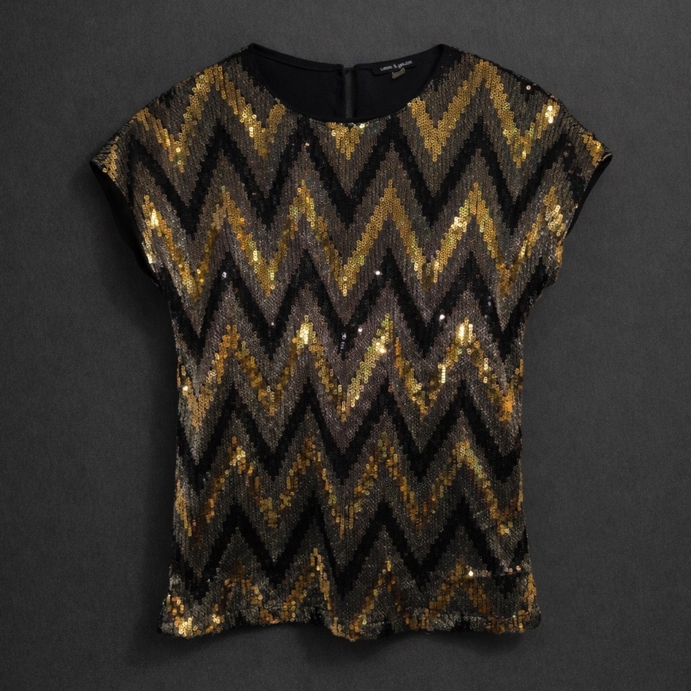 Cable & Gauge Women's Black/Gold Crew Neck Zig Zag Sequin Top, Sz Small